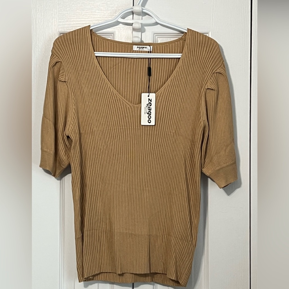 Zeagoo Women's Camel Short Sleeve Ribbed Tee